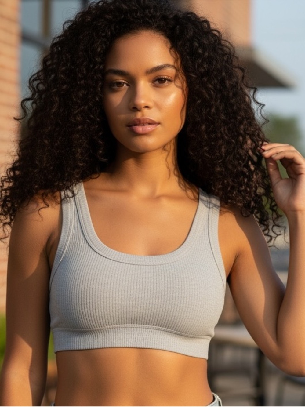 Alo Yoga Ribbed Sports Bra Silver Scoop Neck Size XS